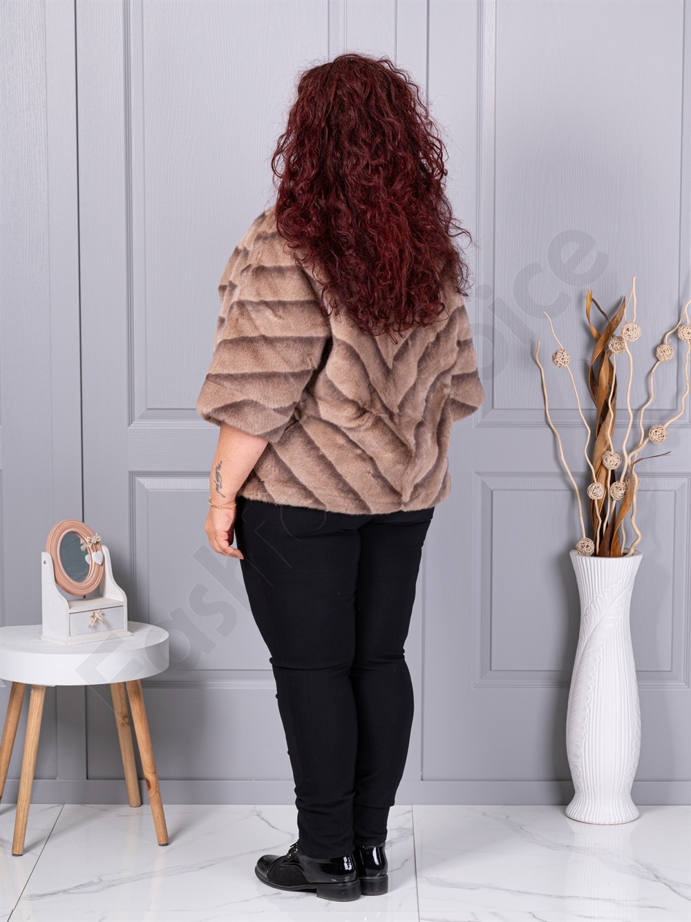 Palton maxi cochet din blana eco cu guler inalt-bej cod LT18-2