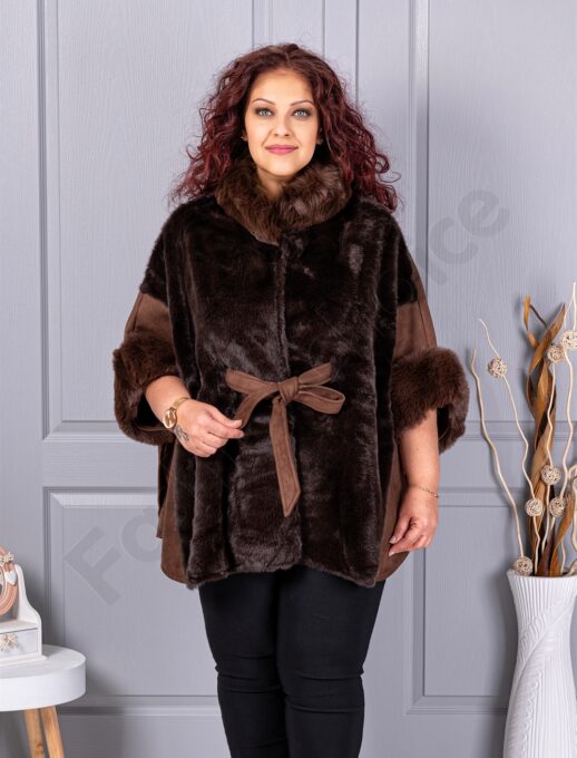Pelerina maxi cu blana si nubuc eco-ciocolata cod JJ90-2