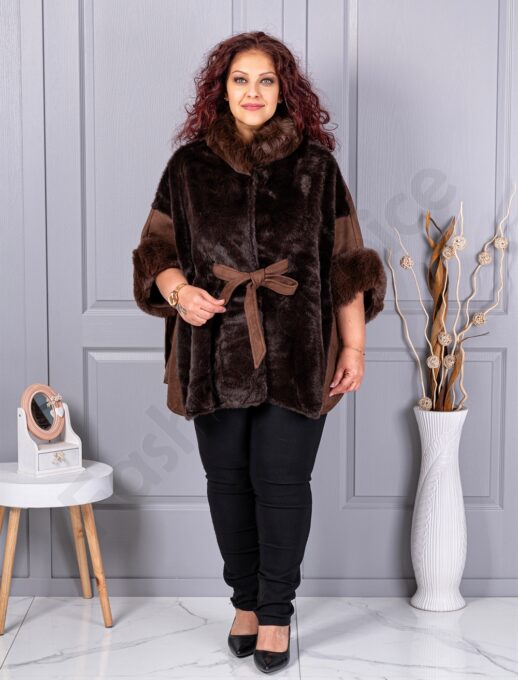 Pelerina maxi cu blana si nubuc eco-ciocolata cod JJ90-2