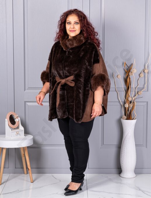 Pelerina maxi cu blana si nubuc eco-ciocolata cod JJ90-2