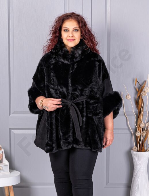 Pelerina maxi cu blana si nubuc eco-negru cod JJ90
