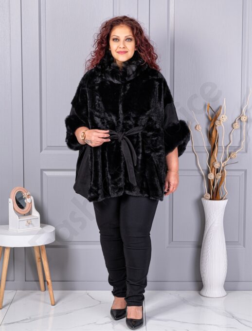 Pelerina maxi cu blana si nubuc eco-negru cod JJ90