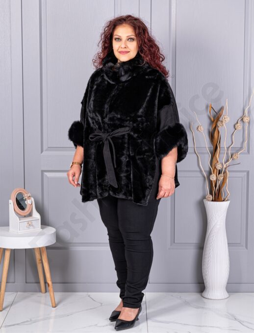 Pelerina maxi cu blana si nubuc eco-negru cod JJ90