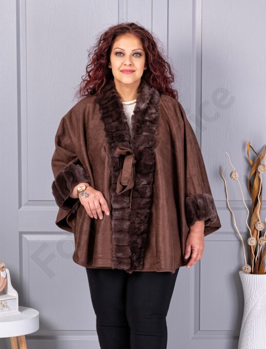 Pelerina maxi eleganta din nubuc eco si blana eco-maro cod JJ91-1
