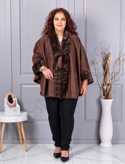 Pelerina maxi eleganta din nubuc eco si blana eco-maro cod JJ91-1