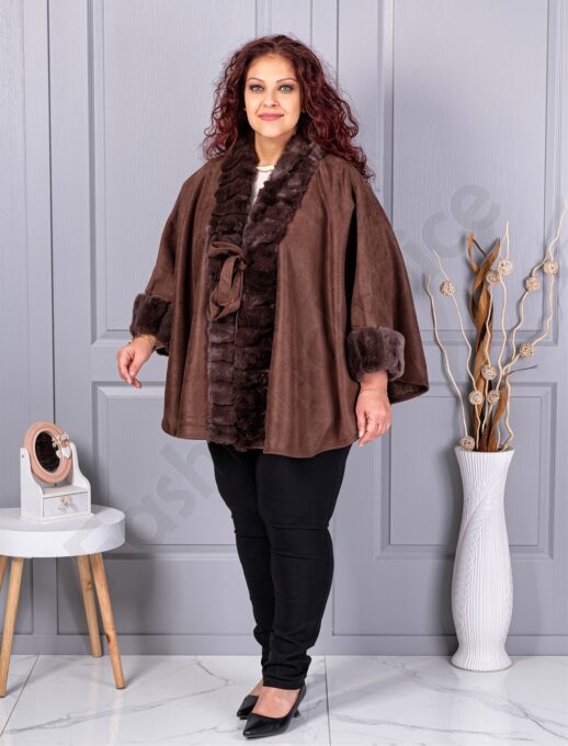 Pelerina maxi eleganta din nubuc eco si blana eco-maro cod JJ91-1