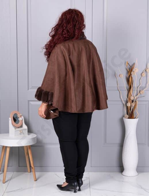 Pelerina maxi eleganta din nubuc eco si blana eco-maro cod JJ91-1