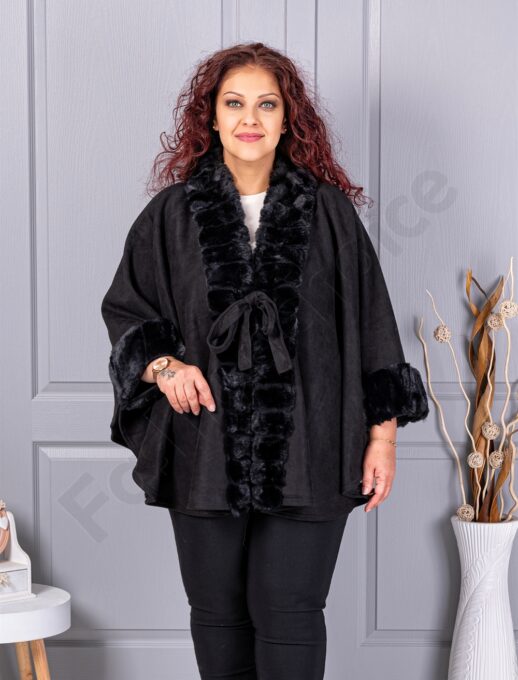 Pelerina maxi eleganta din nubuc eco si blana eco-negru cod JJ91
