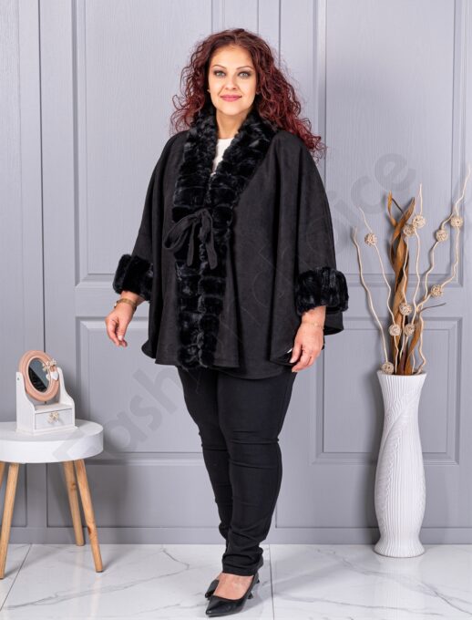 Pelerina maxi eleganta din nubuc eco si blana eco-negru cod JJ91