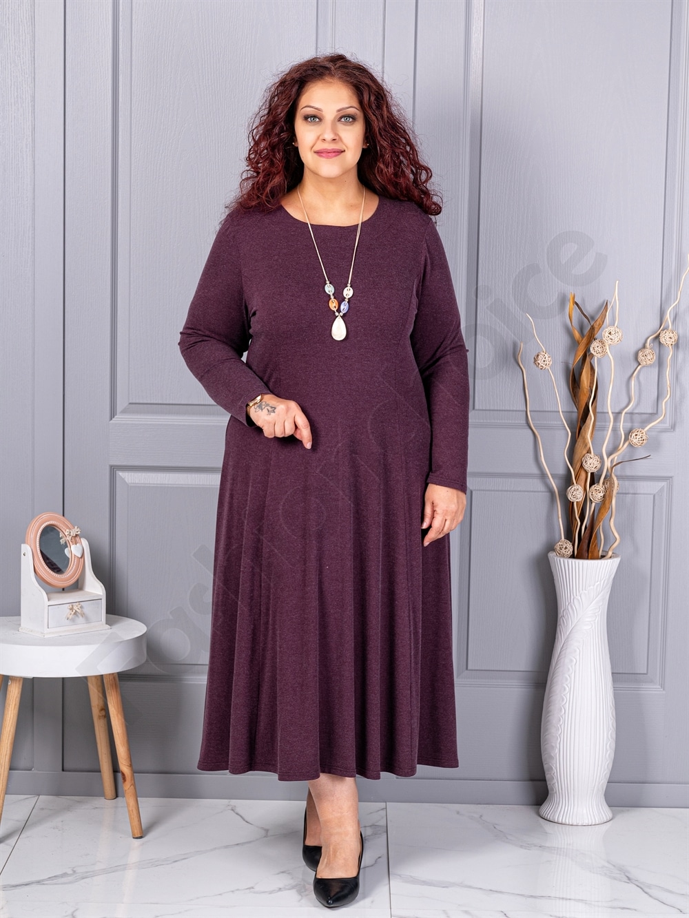 Rochie maxi in cloș din angora cu cadou colier-burgundy cod 26030-1
