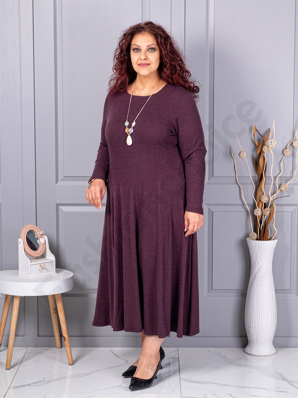 Rochie maxi in cloș din angora cu cadou colier-burgundy cod 26030-1