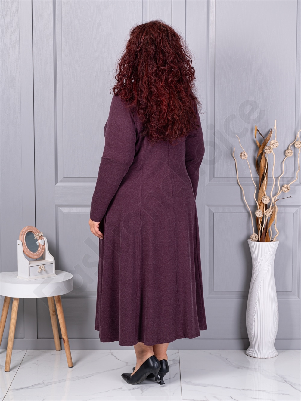 Rochie maxi in cloș din angora cu cadou colier-burgundy cod 26030-1