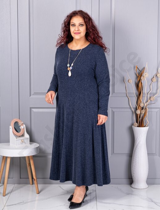Rochie maxi in cloș din angora cu cadou colier-albastru inchis cod 26030-2