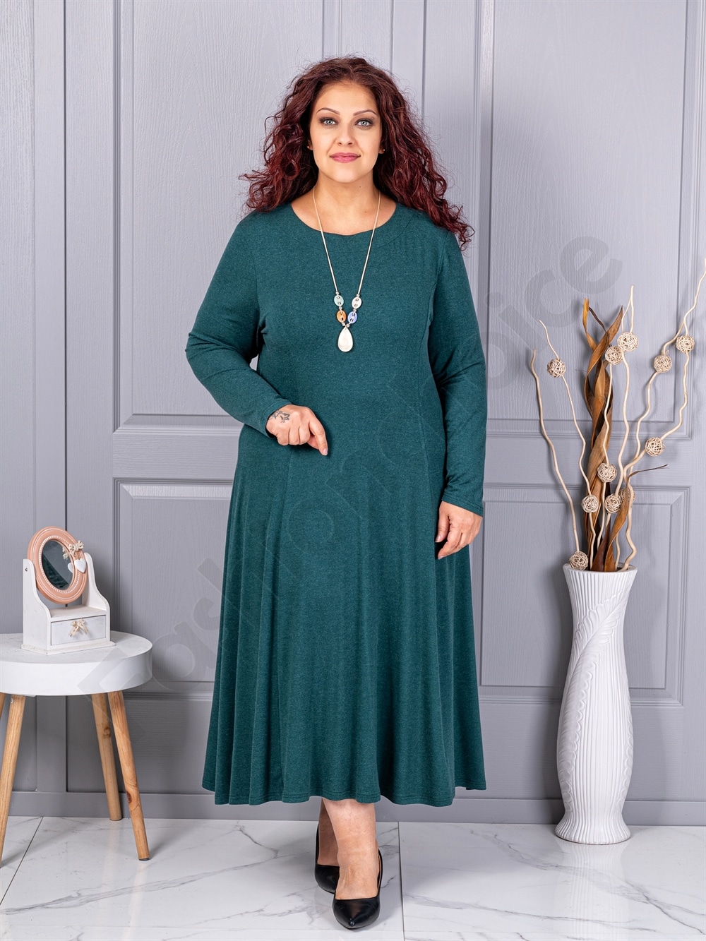 Rochie maxi in cloș din angora cu cadou colier-verde inchis cod 26030-3