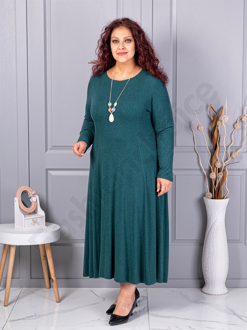 Rochie maxi in cloș din angora cu cadou colier-verde inchis cod 26030-3