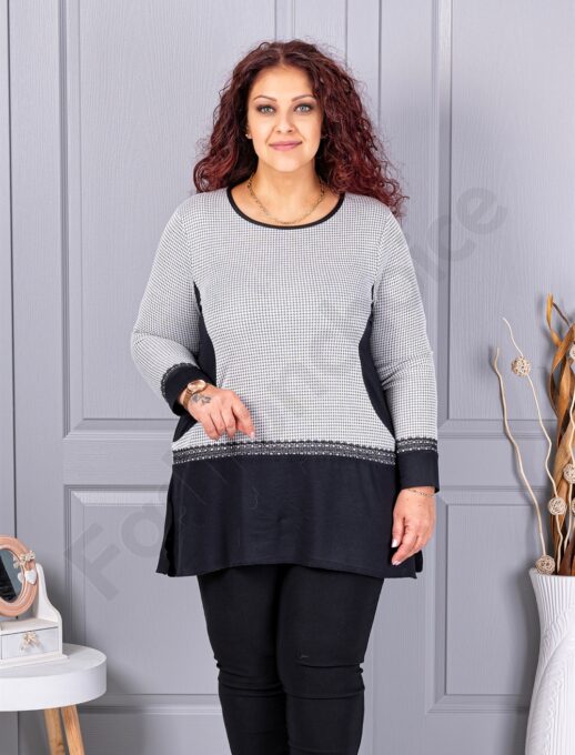 Tunica maxi in cloș din angora cu imprimeu pepit-alb cod 23065