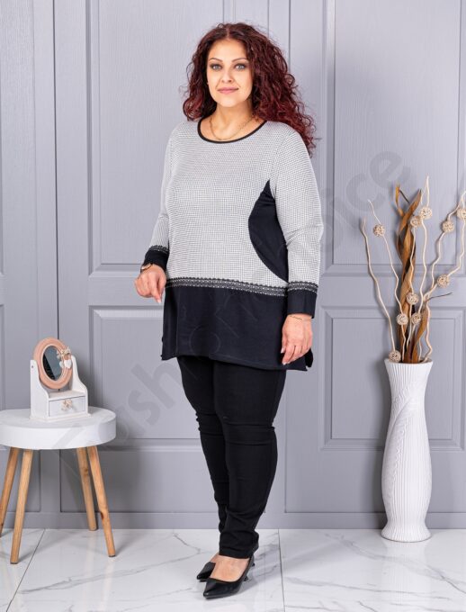 Tunica maxi in cloș din angora cu imprimeu pepit-alb cod 23065