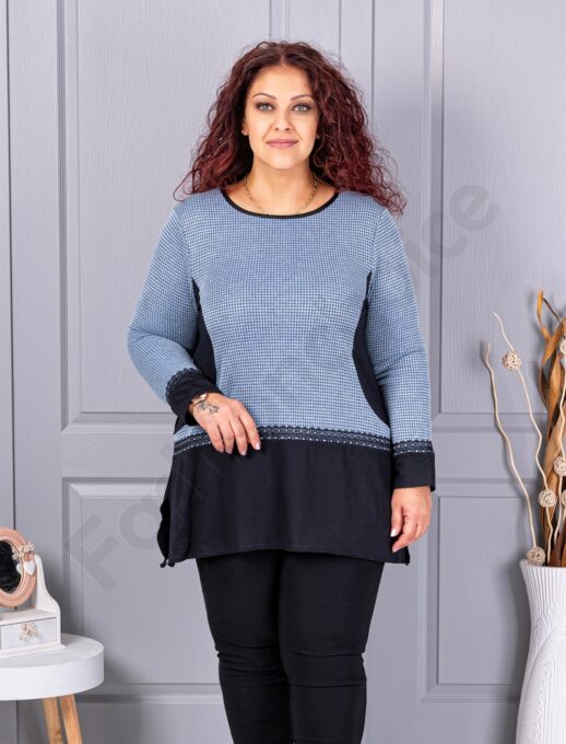 Tunica maxi in cloș din angora cu imprimeu pepit-albastru cod 23065-2