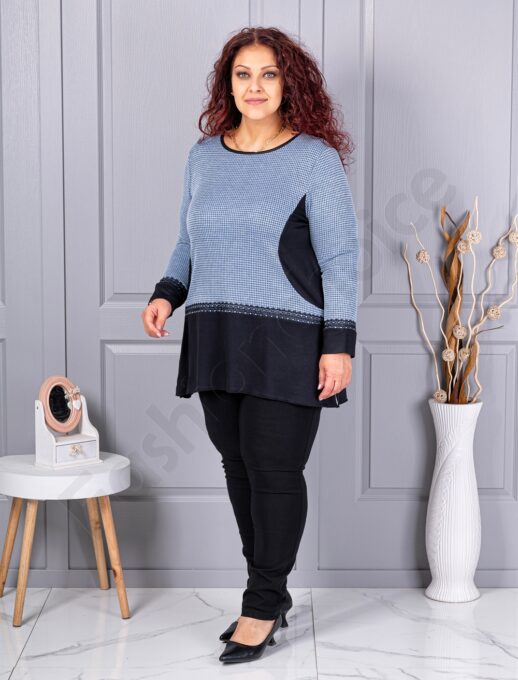 Tunica maxi in cloș din angora cu imprimeu pepit-albastru cod 23065-2