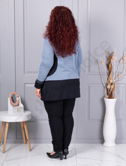 Tunica maxi in cloș din angora cu imprimeu pepit-albastru cod 23065-2