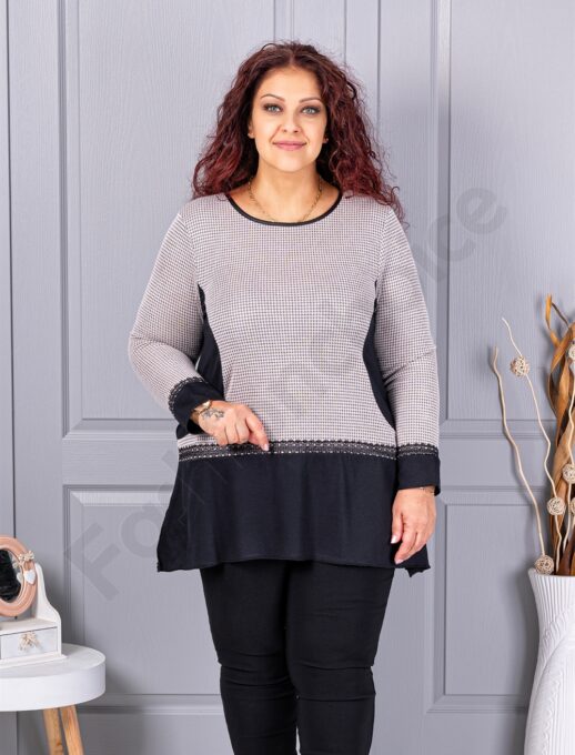 Tunica maxi in cloș din angora cu imprimeu pepit-moca cod 23065-1