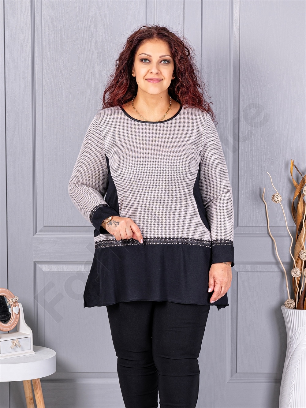 Tunica maxi in cloș din angora cu imprimeu pepit-moca cod 23065-1