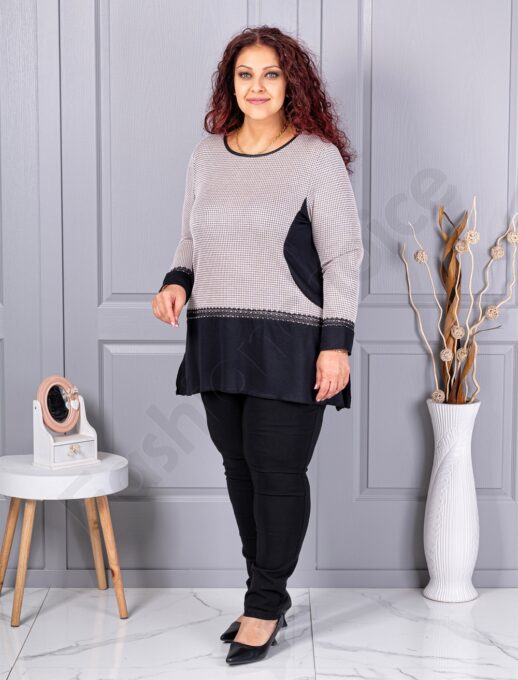 Tunica maxi in cloș din angora cu imprimeu pepit-moca cod 23065-1