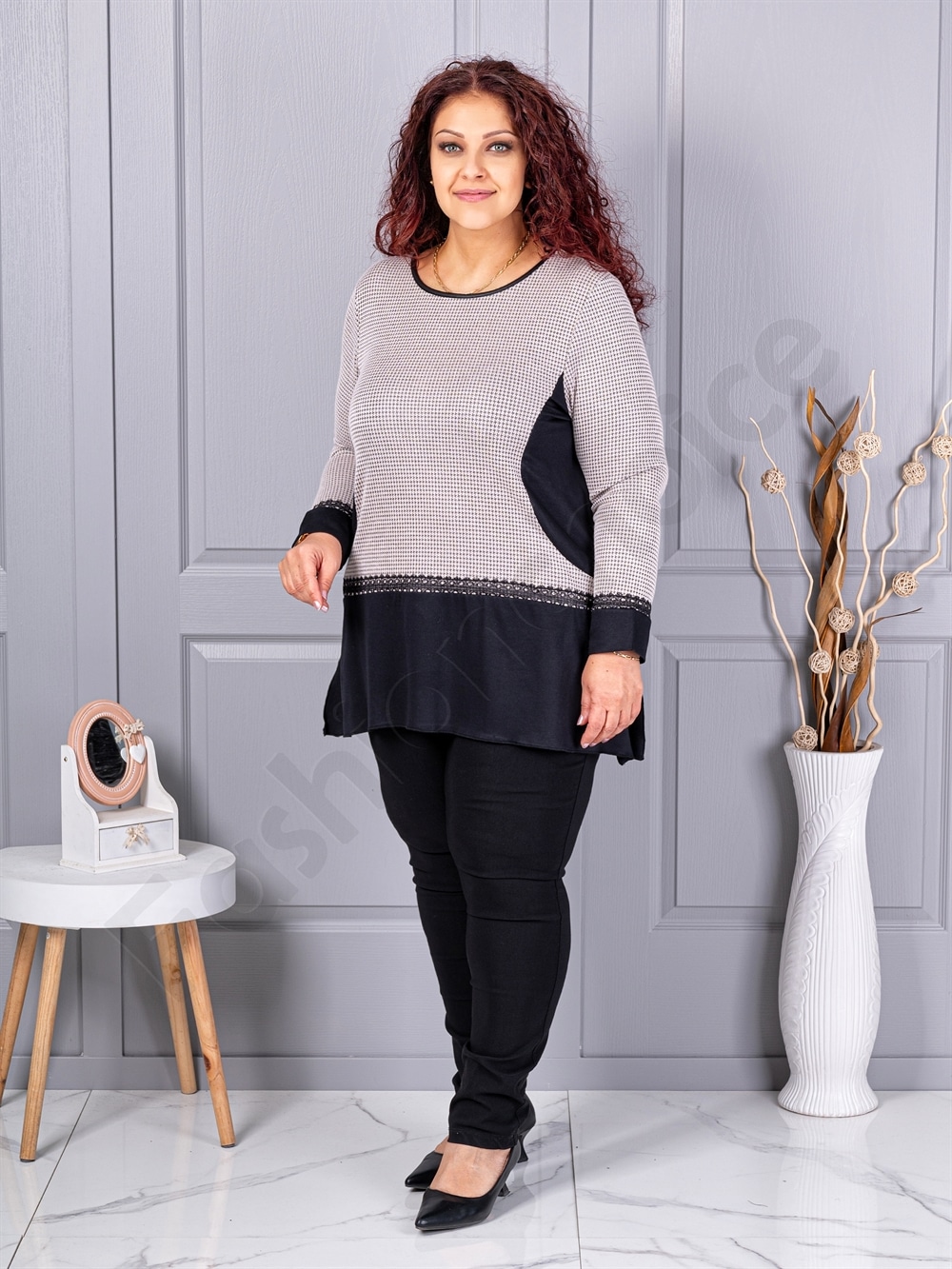 Tunica maxi in cloș din angora cu imprimeu pepit-moca cod 23065-1