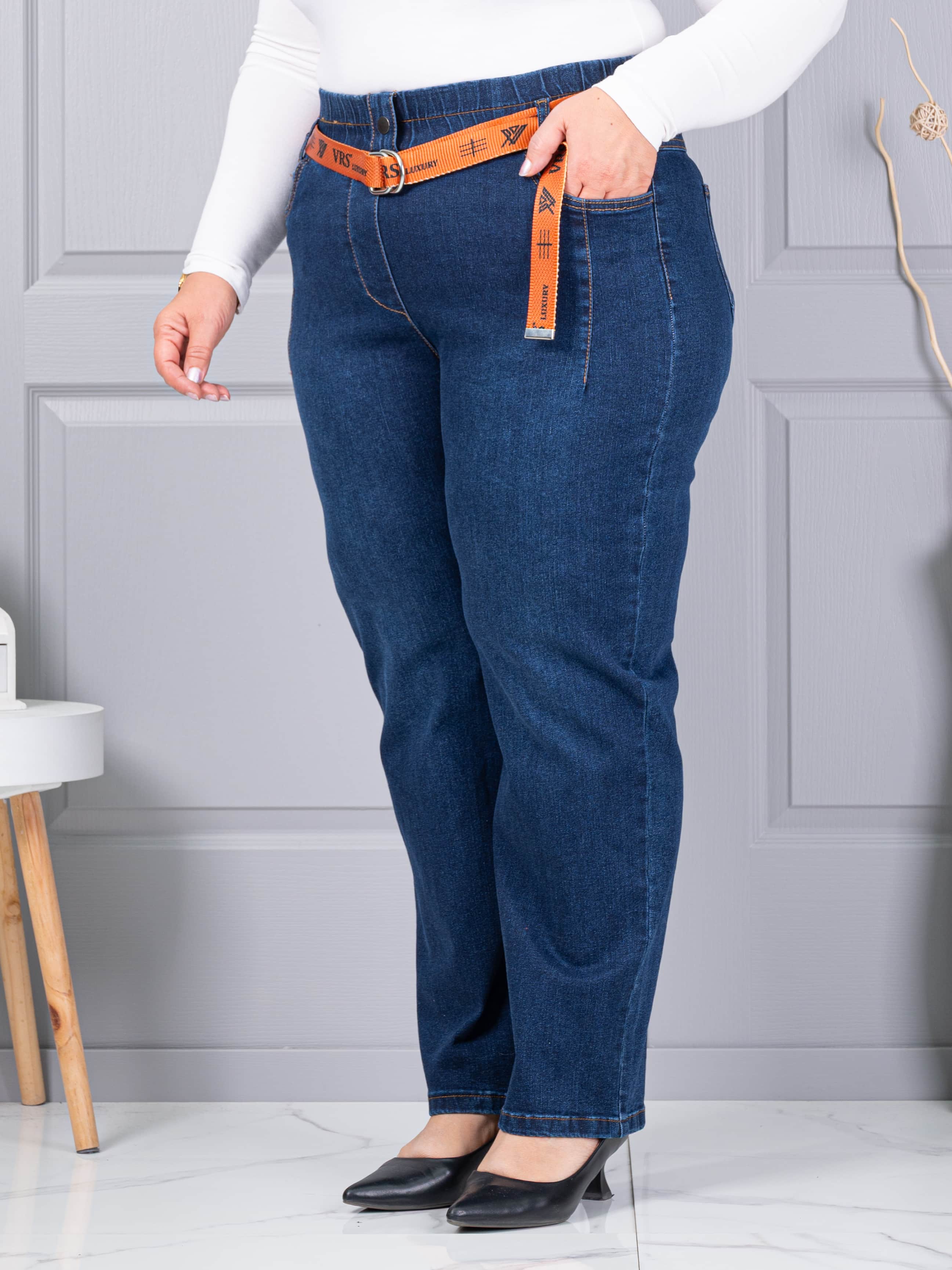 Blugi maxi din denim elastic cu curea contrastanta-albastru cod 6064-1