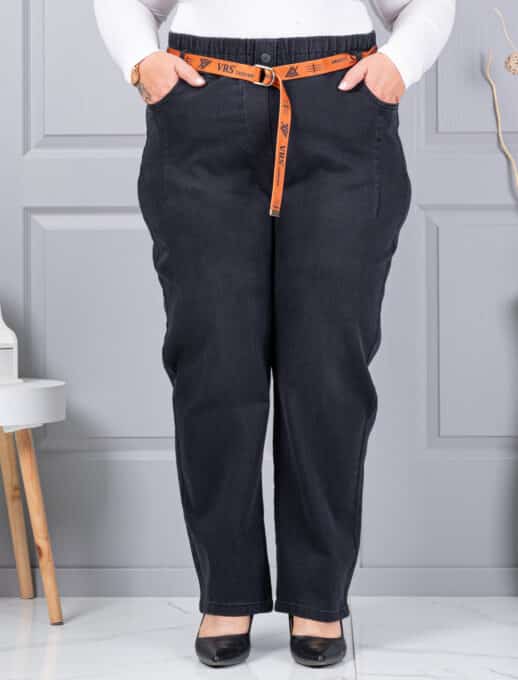 Blugi maxi din denim elastic cu curea contrastanta-negru cod 6064