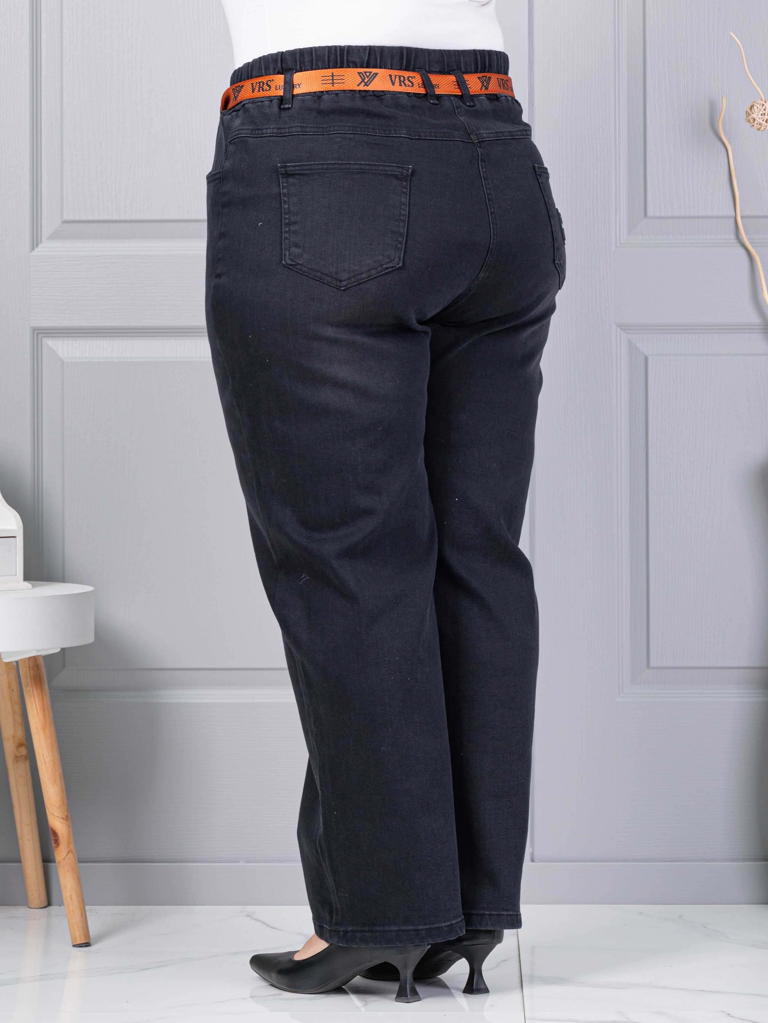 Blugi maxi din denim elastic cu curea contrastanta-negru cod 6064