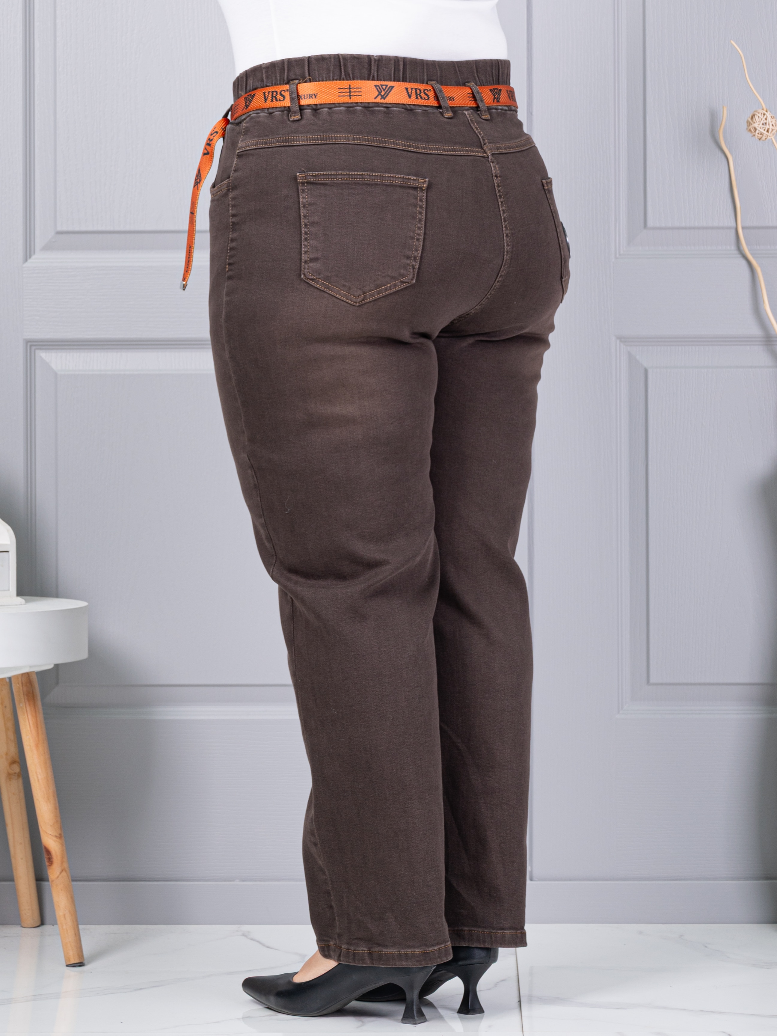 Blugi maxi din denim elastic cu curea contrastanta-maro cod 6064-2