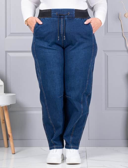 Blugi maxi de dama cu croi balloon si talie elastica-albastru cod 6059-1