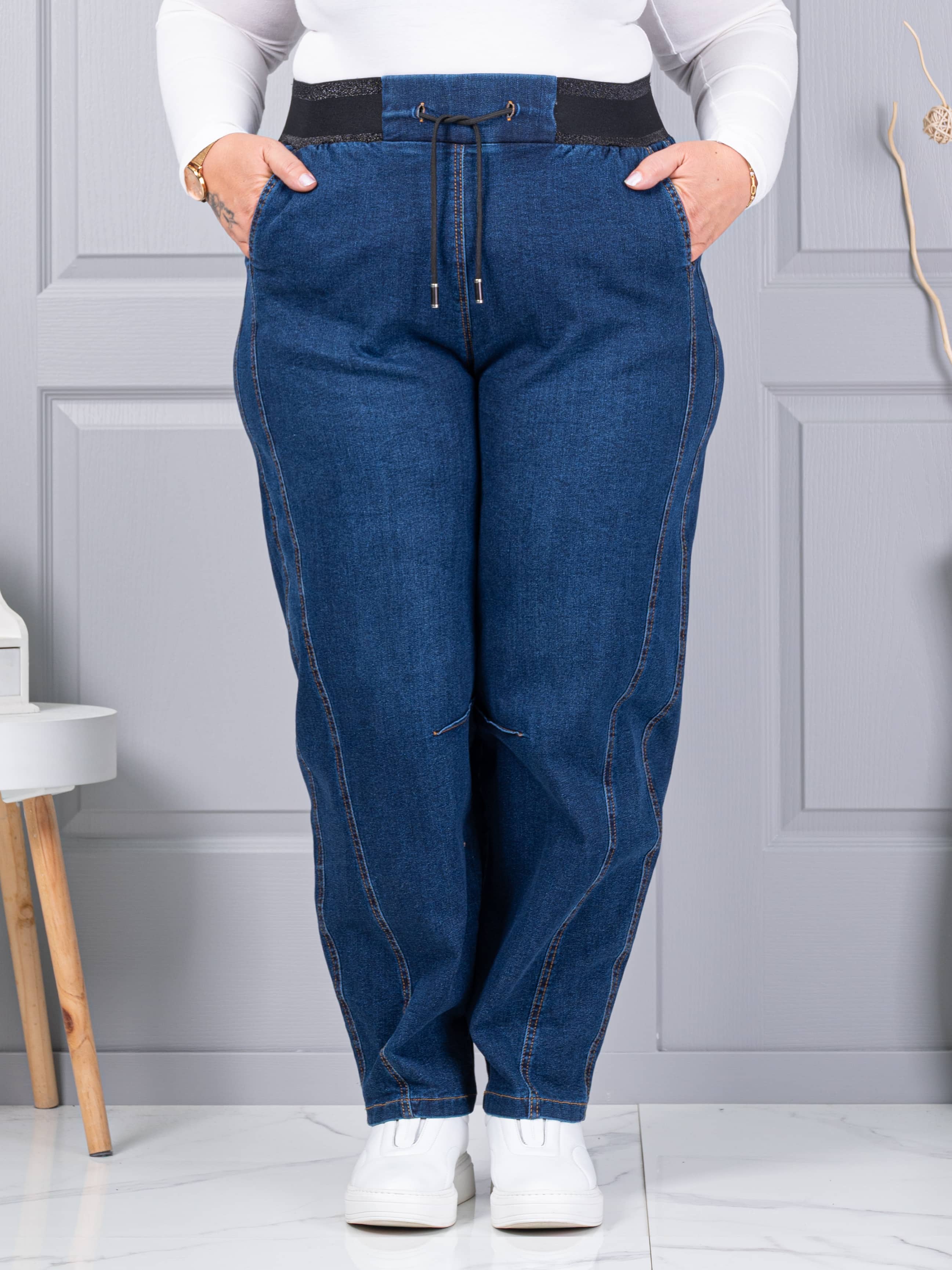Blugi maxi de dama cu croi balloon si talie elastica-albastru cod 6059-1