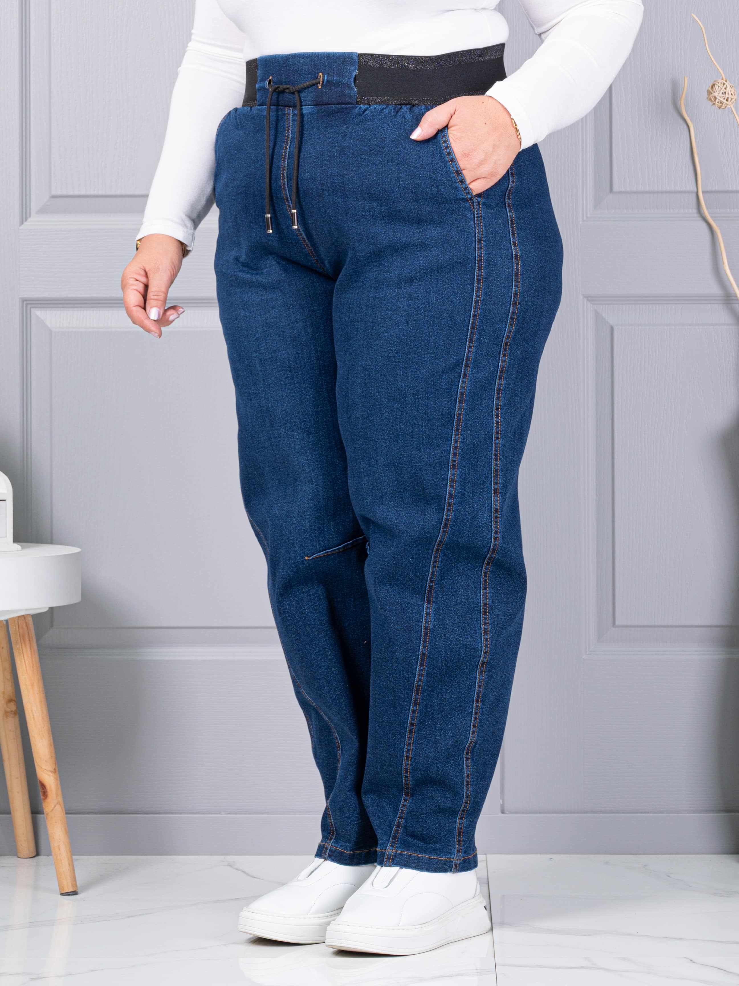 Blugi maxi de dama cu croi balloon si talie elastica-albastru cod 6059-1
