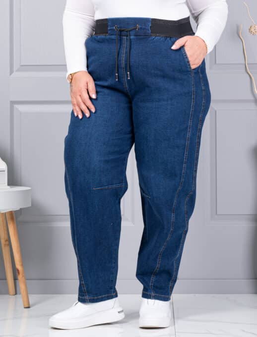 Blugi maxi de dama cu croi balloon si talie elastica-albastru cod 6059-1