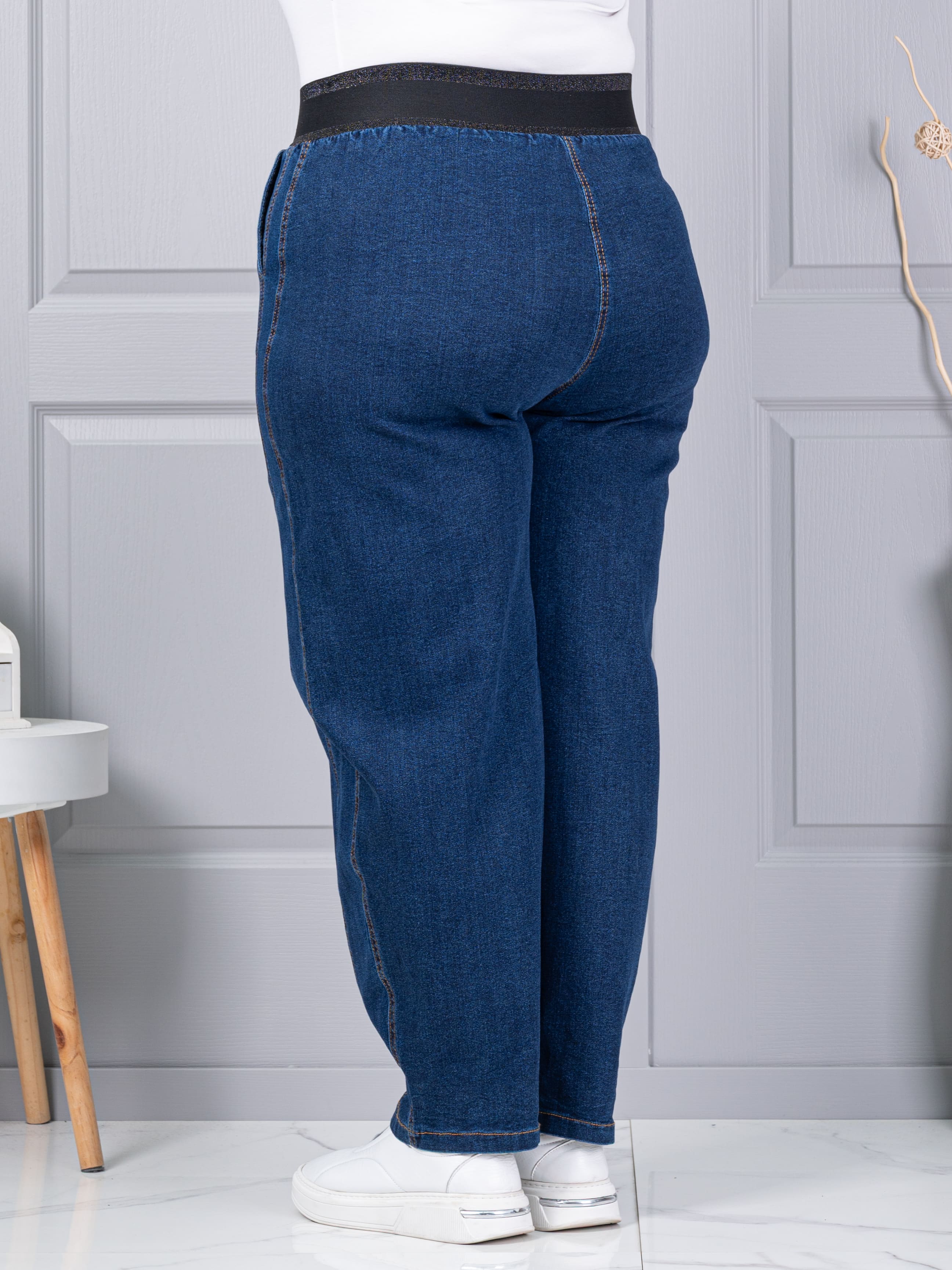 Blugi maxi de dama cu croi balloon si talie elastica-albastru cod 6059-1