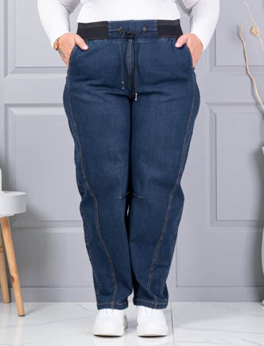 Blugi maxi de dama cu croi balloon si talie elastica-vintage albastru cod 6059-2