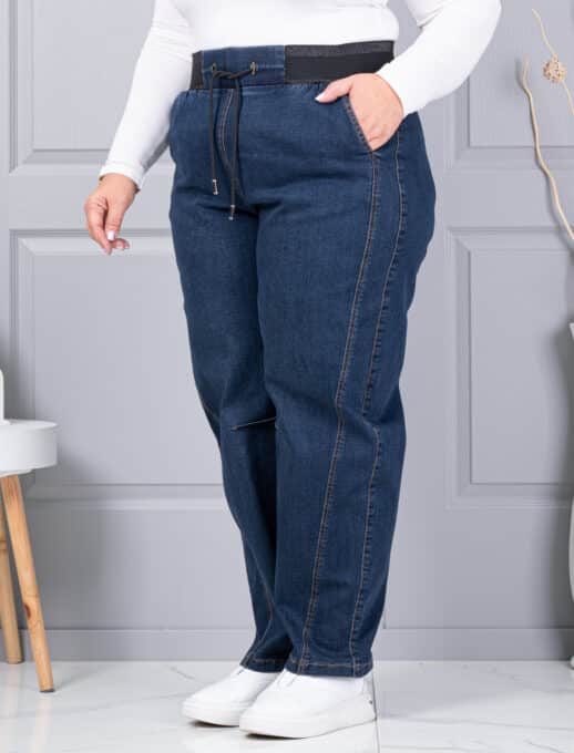 Blugi maxi de dama cu croi balloon si talie elastica-vintage albastru cod 6059-2
