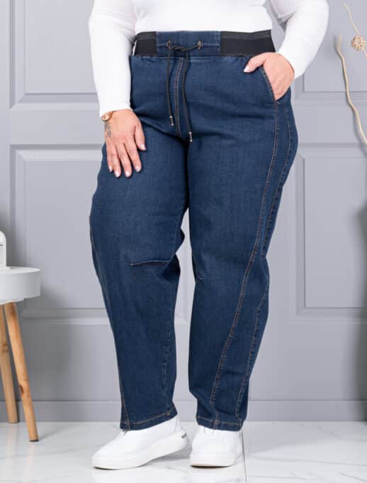 Blugi maxi de dama cu croi balloon si talie elastica-vintage albastru cod 6059-2