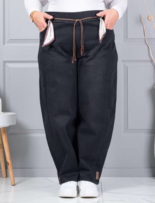 Blugi maxi de dama cu croi balloon si elastic in talie-negru cod 6040