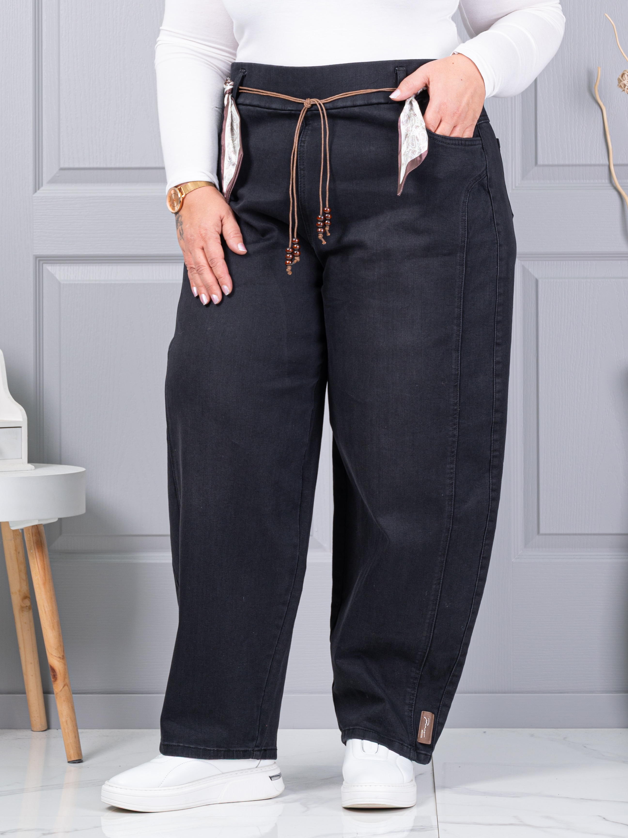 Blugi maxi de dama cu croi balloon si elastic in talie-negru cod 6040