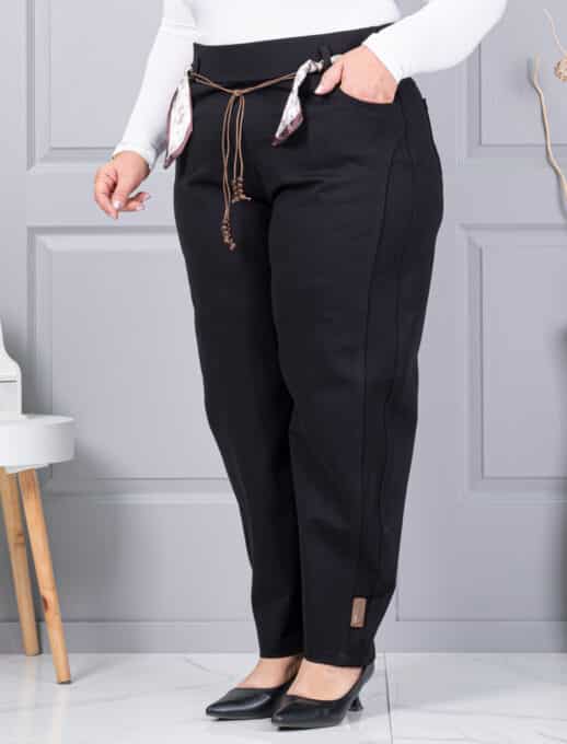 Pantalon maxi de dama cu curea din satin-negru cod 6046