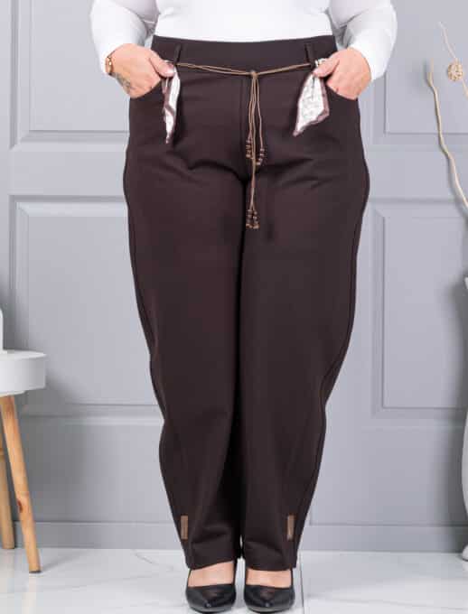 Pantalon maxi de dama cu curea din satin-maro cod 6046-1