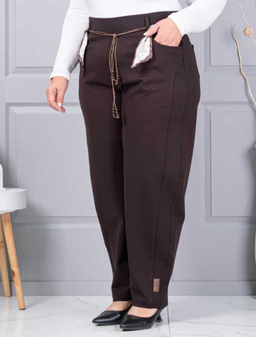 Pantalon maxi de dama cu curea din satin-maro cod 6046-1