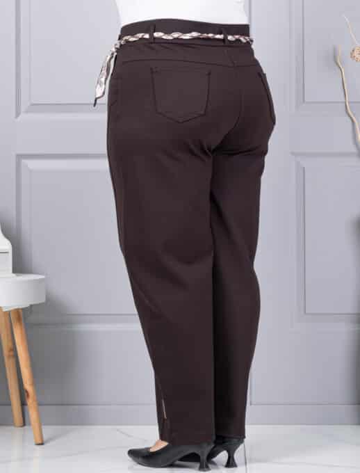 Pantalon maxi de dama cu curea din satin-maro cod 6046-1