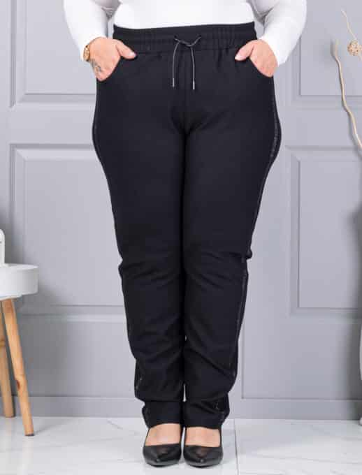 Pantalon maxi de dama din material gros si banda din pietricele-negru cod 2497-4