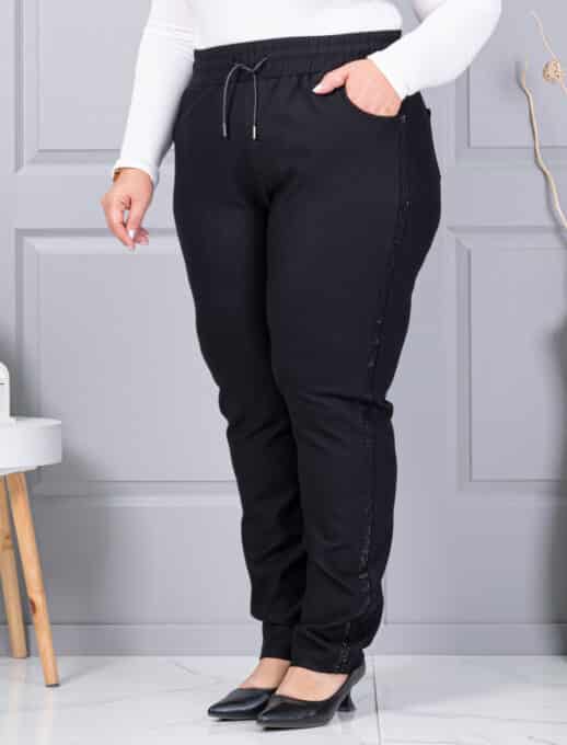 Pantalon maxi de dama din material gros si banda din pietricele-negru cod 2497-4