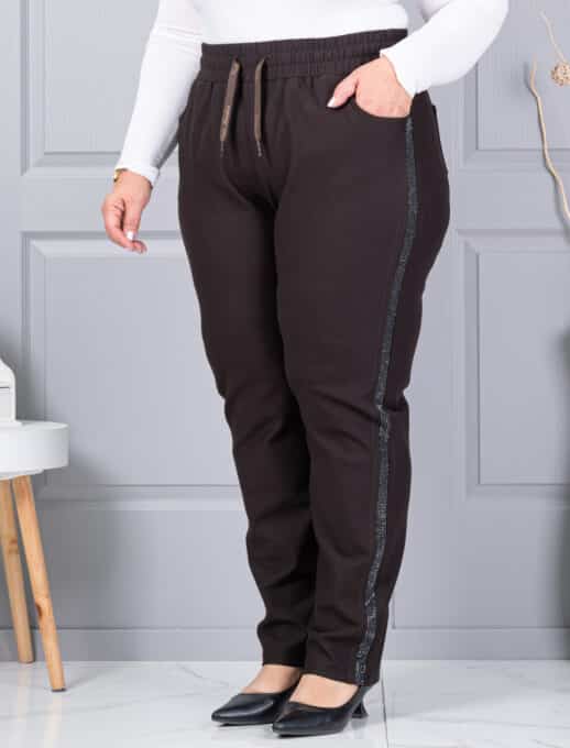 Pantalon maxi de dama din material gros si banda din pietricele-maro cod 2497-5