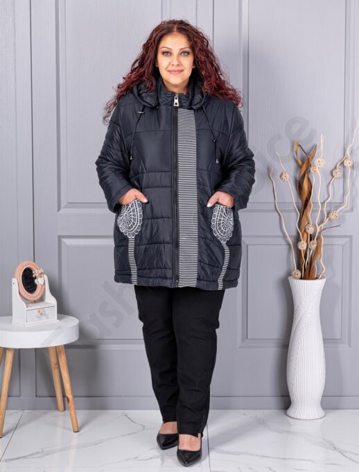 Geaca maxi groasa cu gluga si broderie cod 63261